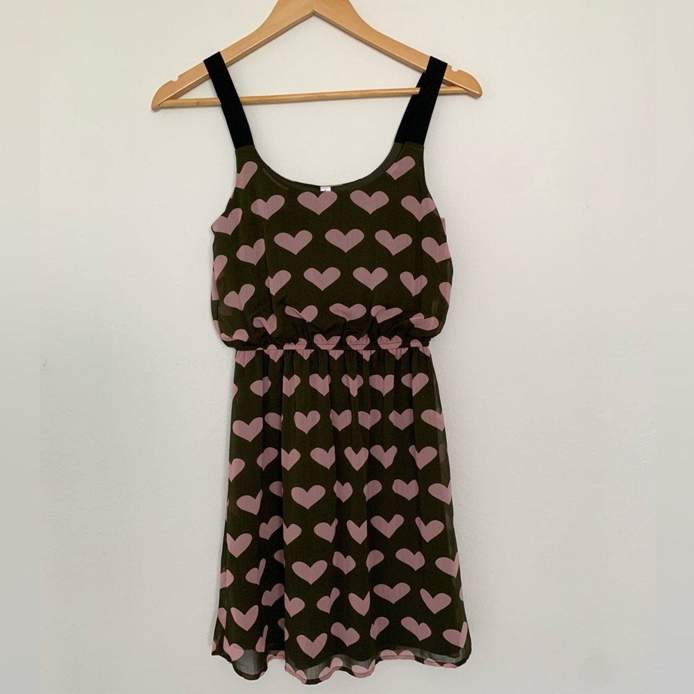🆕 Xhilaration Olive Green Pink Heart Patterned Dress
